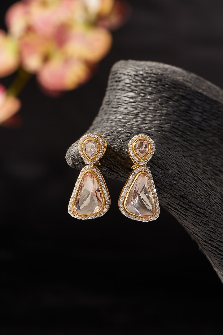 Gold Finish CZ & Moissanite Polki Dangler Earrings In Sterling Silver by STELLA CREATIONS at Pernia's Pop Up Shop