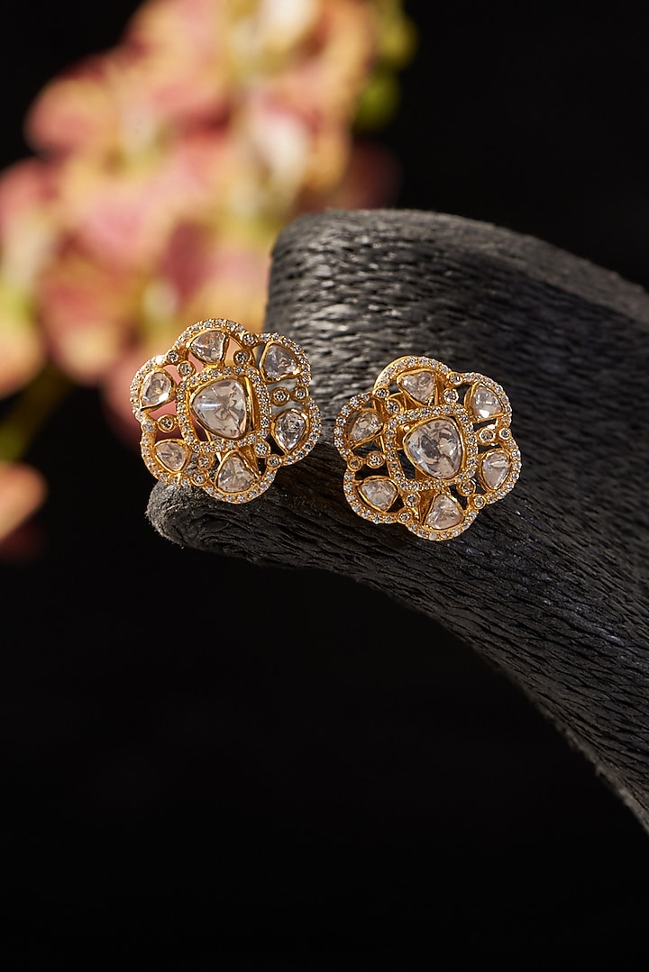 Gold Finish CZ & Moissanite Polki Stud Earrings In Sterling Silver by STELLA CREATIONS at Pernia's Pop Up Shop