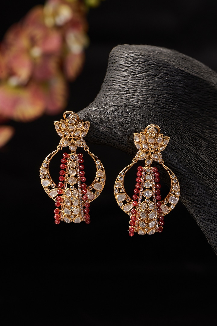 Gold Finish Synthetic Ruby Stone & Moissanite Polki Dangler Earrings In Sterling Silver by STELLA CREATIONS at Pernia's Pop Up Shop
