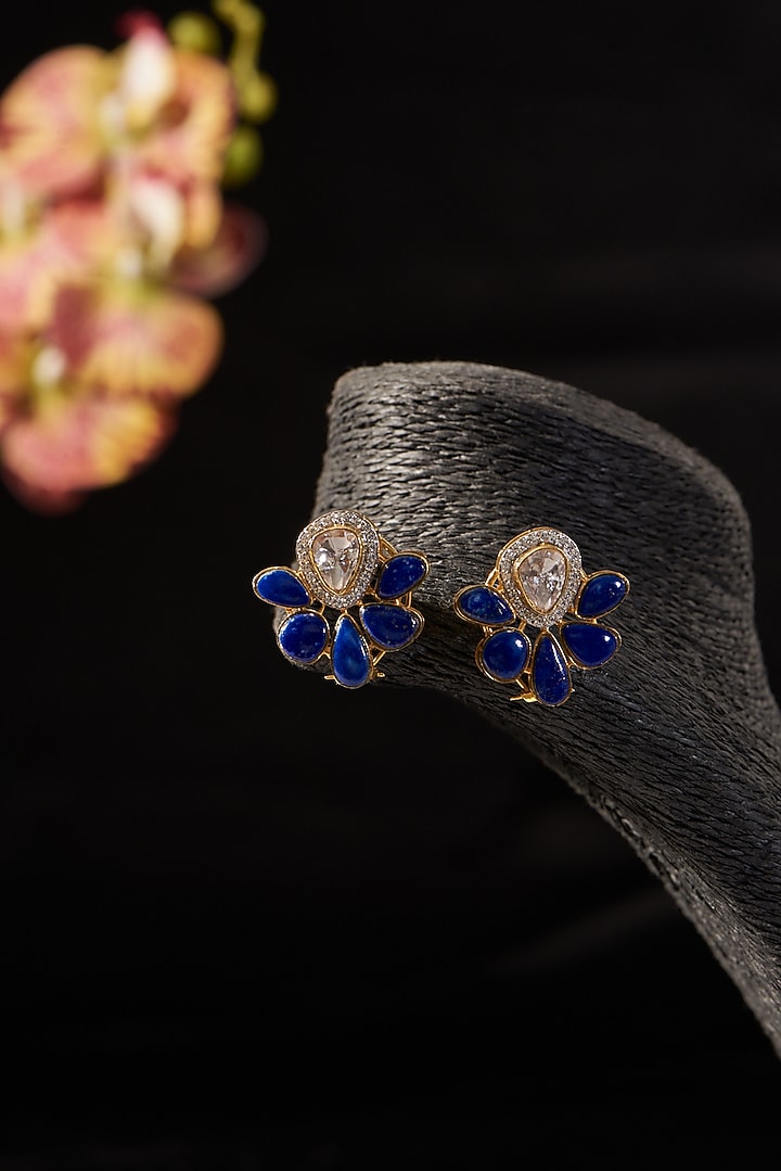 Gold Finish Lapis & Moissanite Polki Stud Earrings In Sterling Silver by STELLA CREATIONS at Pernia's Pop Up Shop