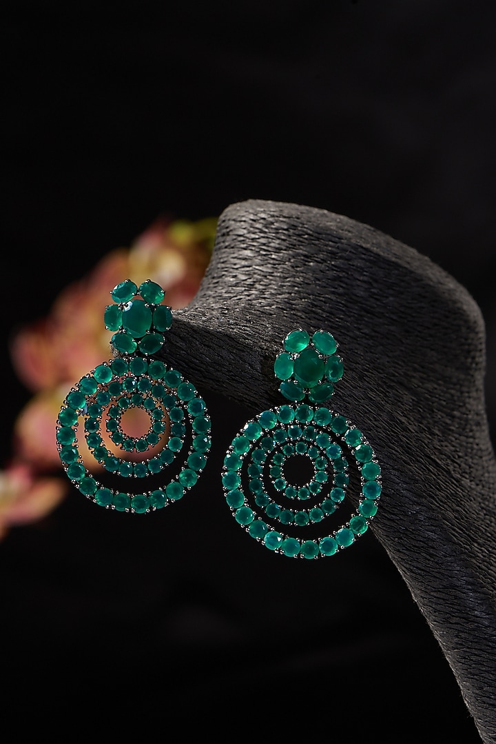 Black Rhodium Finish Synthetic Emerald Stone Dangler Earrings In Sterling Silver by STELLA CREATIONS at Pernia's Pop Up Shop