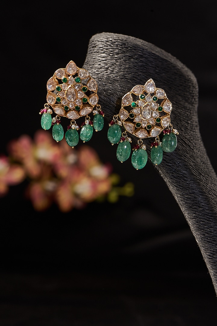Gold Finish Synthetic Stone & Moissanite Polki Stud Earrings In Sterling Silver by STELLA CREATIONS at Pernia's Pop Up Shop