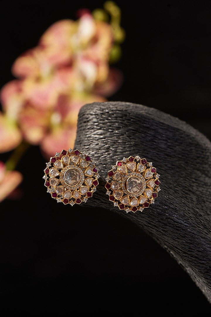 Gold Finish Synthetic Ruby Stone & Moissanite Polki Stud Earrings In Sterling Silver by STELLA CREATIONS at Pernia's Pop Up Shop