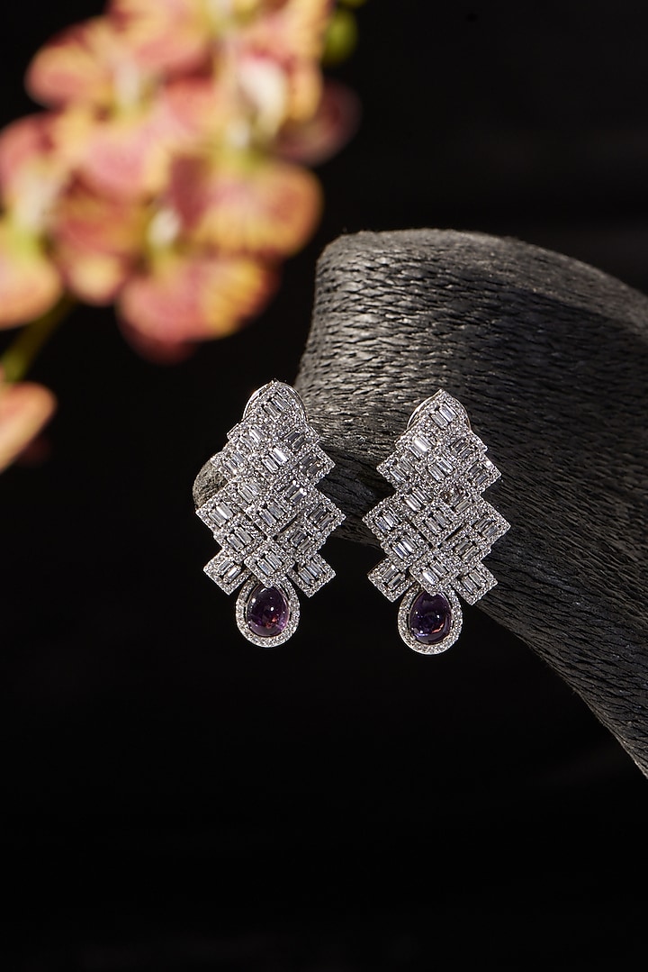 White Finish CZ & Amethyst Dangler Earrings In Sterling Silver by STELLA CREATIONS at Pernia's Pop Up Shop