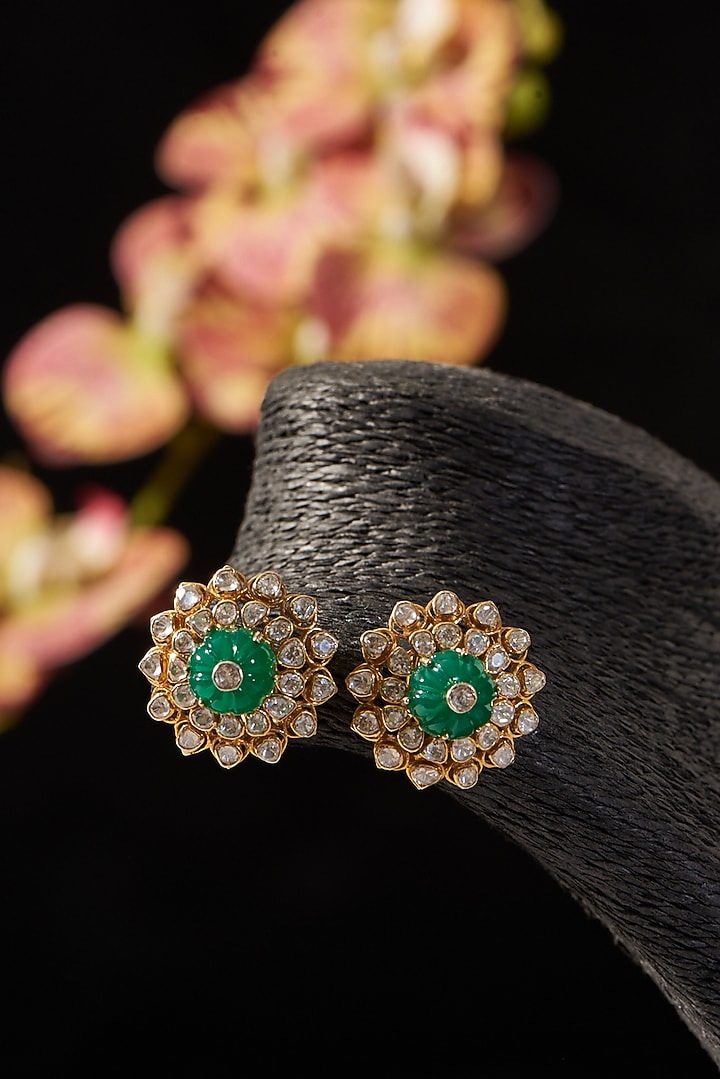 Gold Finish Synthetic Emerald Stone & Moissanite Polki Dangler Earrings In Sterling Silver by STELLA CREATIONS at Pernia's Pop Up Shop