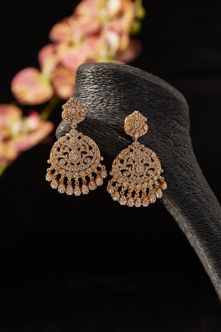 Gold Finish CZ & Moissanite Polki Dangler Earrings In Sterling Silver by STELLA CREATIONS at Pernia's Pop Up Shop