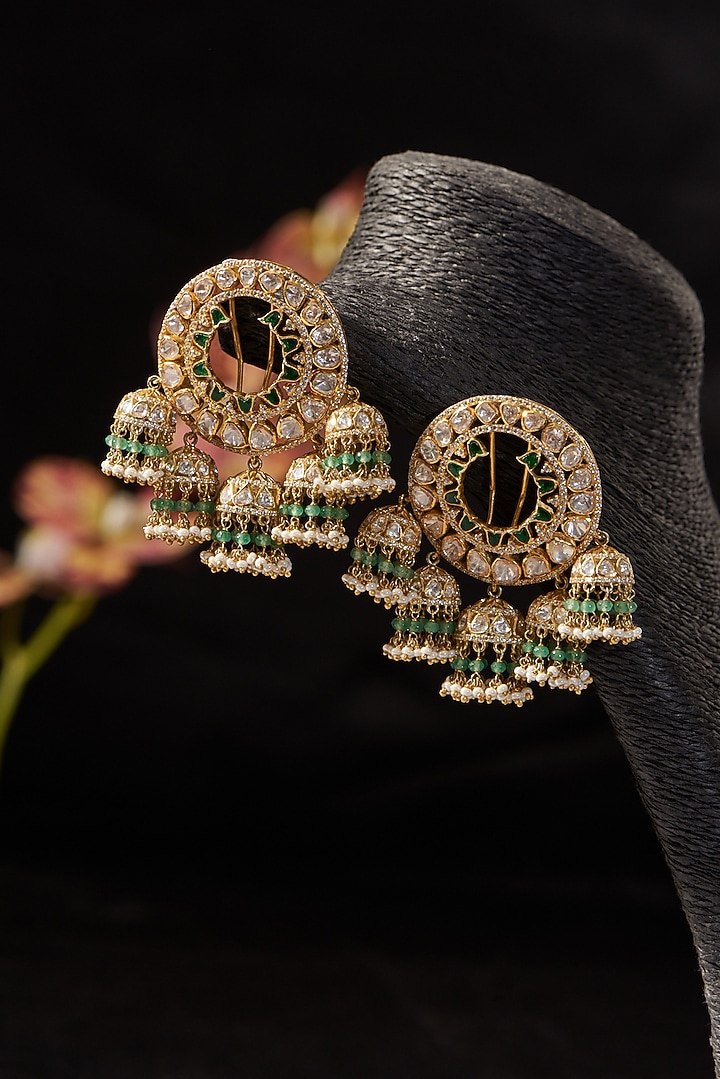 Gold Finish Synthetic Emerald Stone & Moissanite Polki Dangler Earrings In Sterling Silver by STELLA CREATIONS at Pernia's Pop Up Shop
