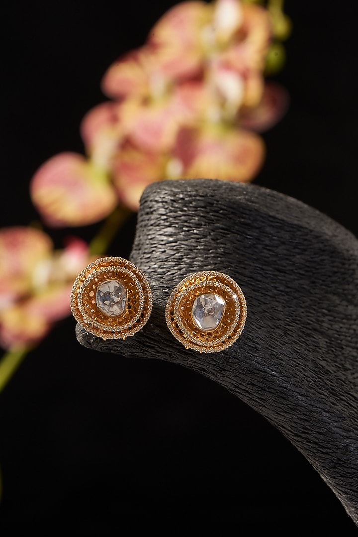 Gold Finish CZ & Moissanite Polki Stud Earrings In Sterling Silver by STELLA CREATIONS at Pernia's Pop Up Shop