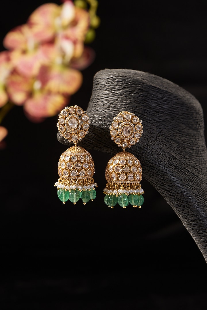 Gold Finish Synthetic Emerald Stone & Moissanite Polki Dangler Earrings In Sterling Silver by STELLA CREATIONS at Pernia's Pop Up Shop