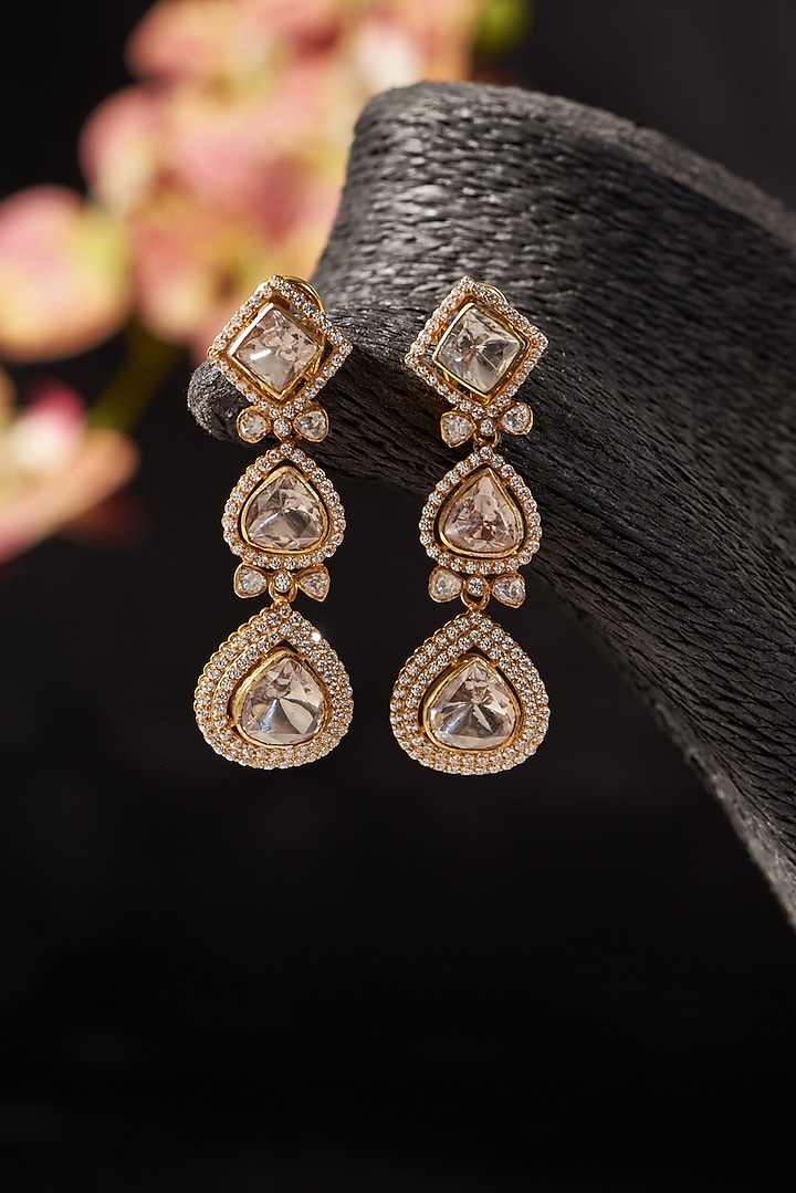 Gold Finish CZ & Moissanite Polki Dangler Earrings In Sterling Silver by STELLA CREATIONS at Pernia's Pop Up Shop