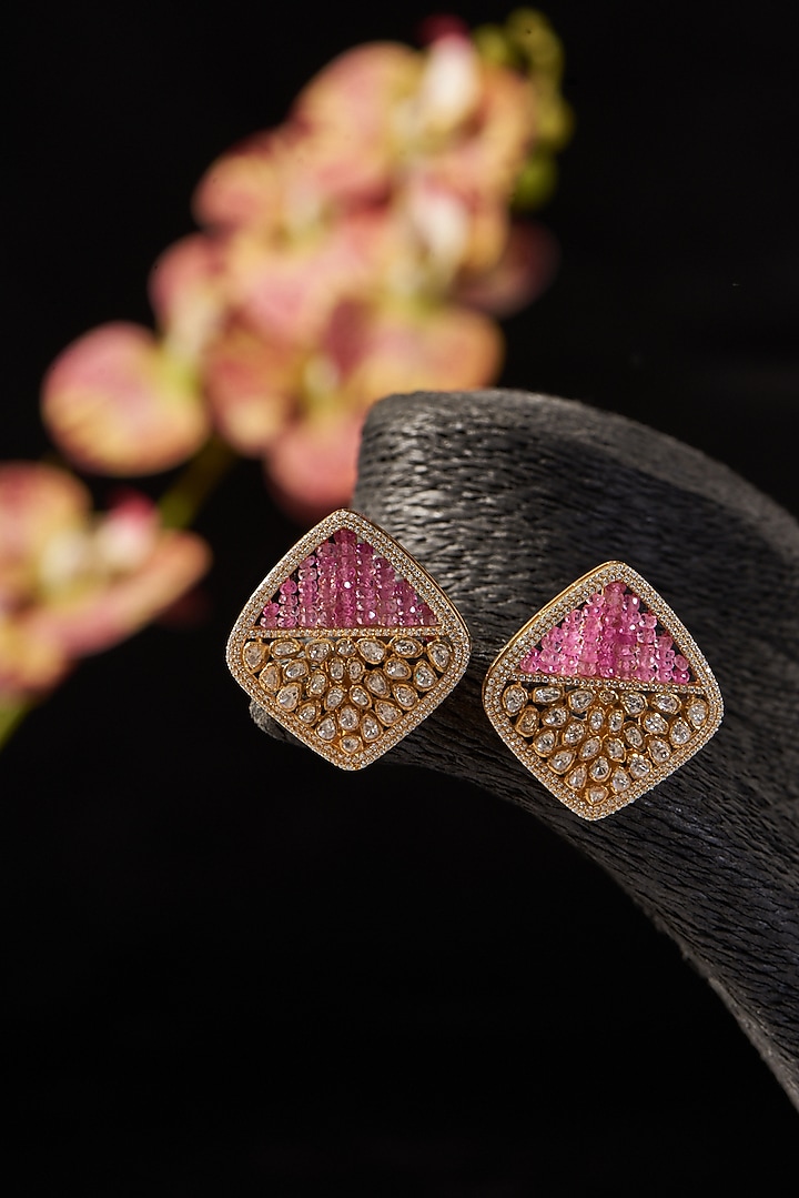 Gold Finish Synthetic Tourmaline Stone & Moissanite Polki Stud Earrings In Sterling Silver by STELLA CREATIONS at Pernia's Pop Up Shop