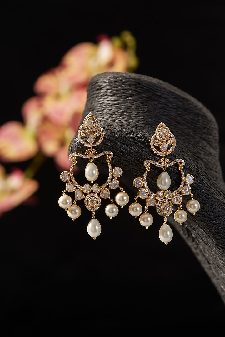 Gold Finish CZ & Moissanite Polki Dangler Earrings In Sterling Silver by STELLA CREATIONS at Pernia's Pop Up Shop