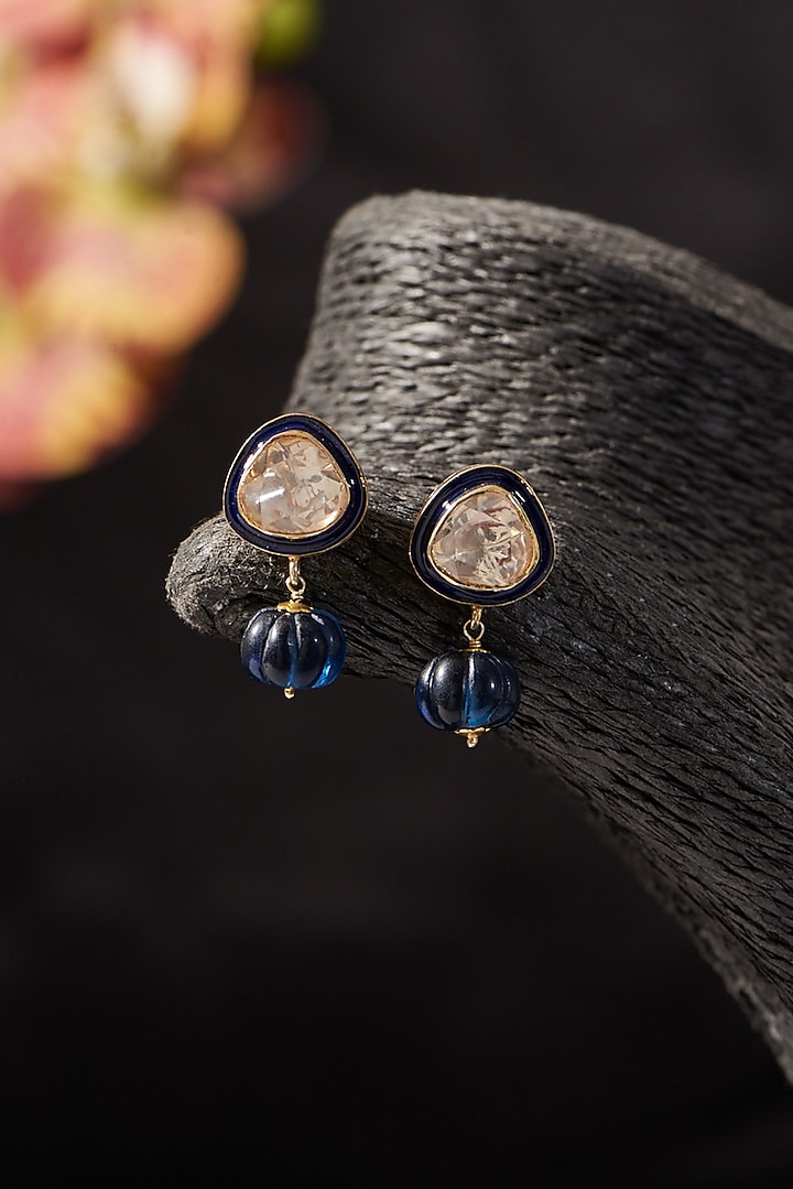 Gold Finish Synthetic Sapphire Stone & Moissanite Polki Dangler Earrings In Sterling Silver by STELLA CREATIONS at Pernia's Pop Up Shop