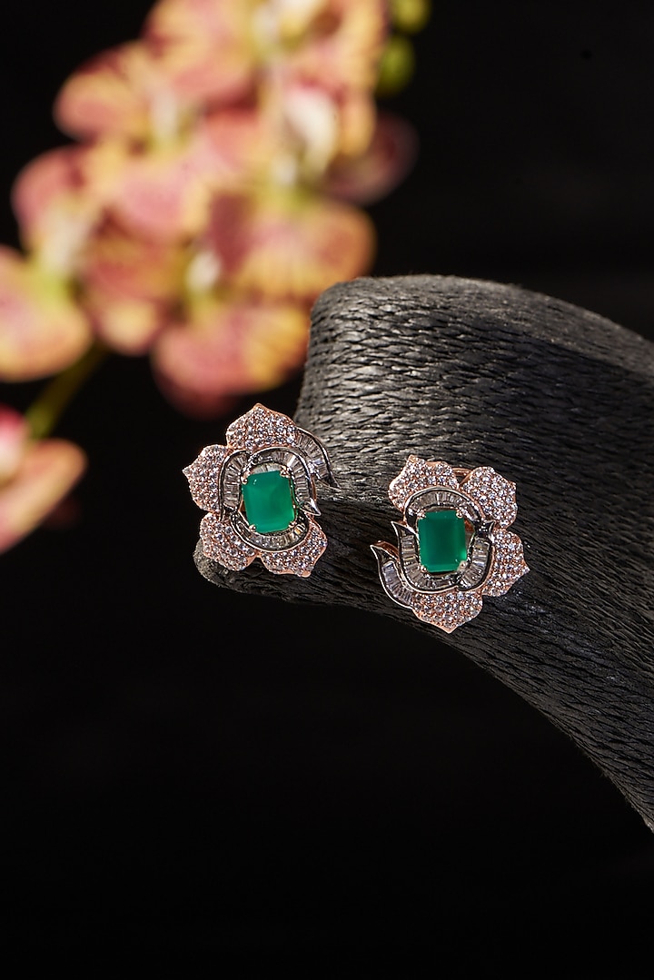 Gold Finish Synthetic Emerald Stone & CZ Stud Earrings In Sterling Silver by STELLA CREATIONS at Pernia's Pop Up Shop