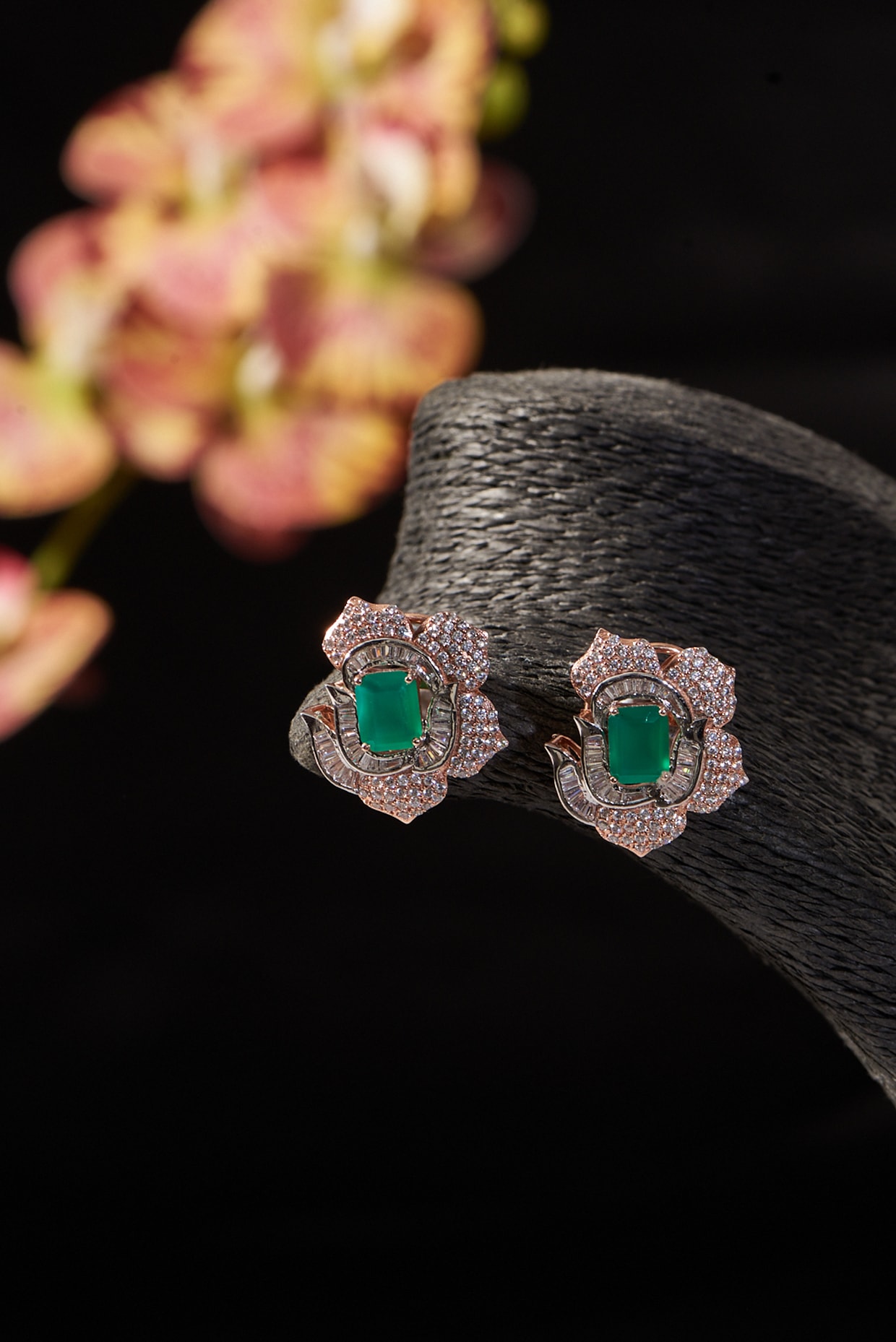 Gold Finish Synthetic Emerald Stone & CZ Stud Earrings In Sterling 