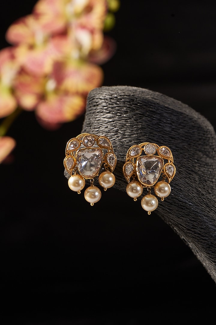 Gold Finish Pearl & Moissanite Polki Dangler Earrings In Sterling Silver by STELLA CREATIONS at Pernia's Pop Up Shop