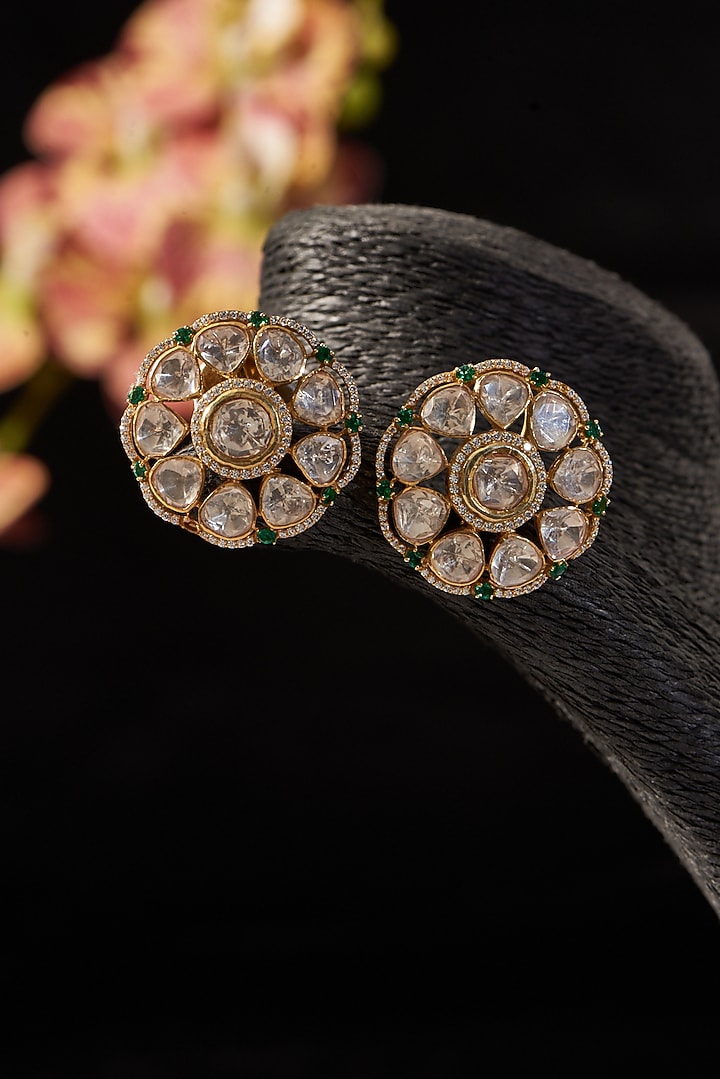 Gold Finish Moissanite Polki & CZ Stud Earrings In Sterling Silver by STELLA CREATIONS at Pernia's Pop Up Shop