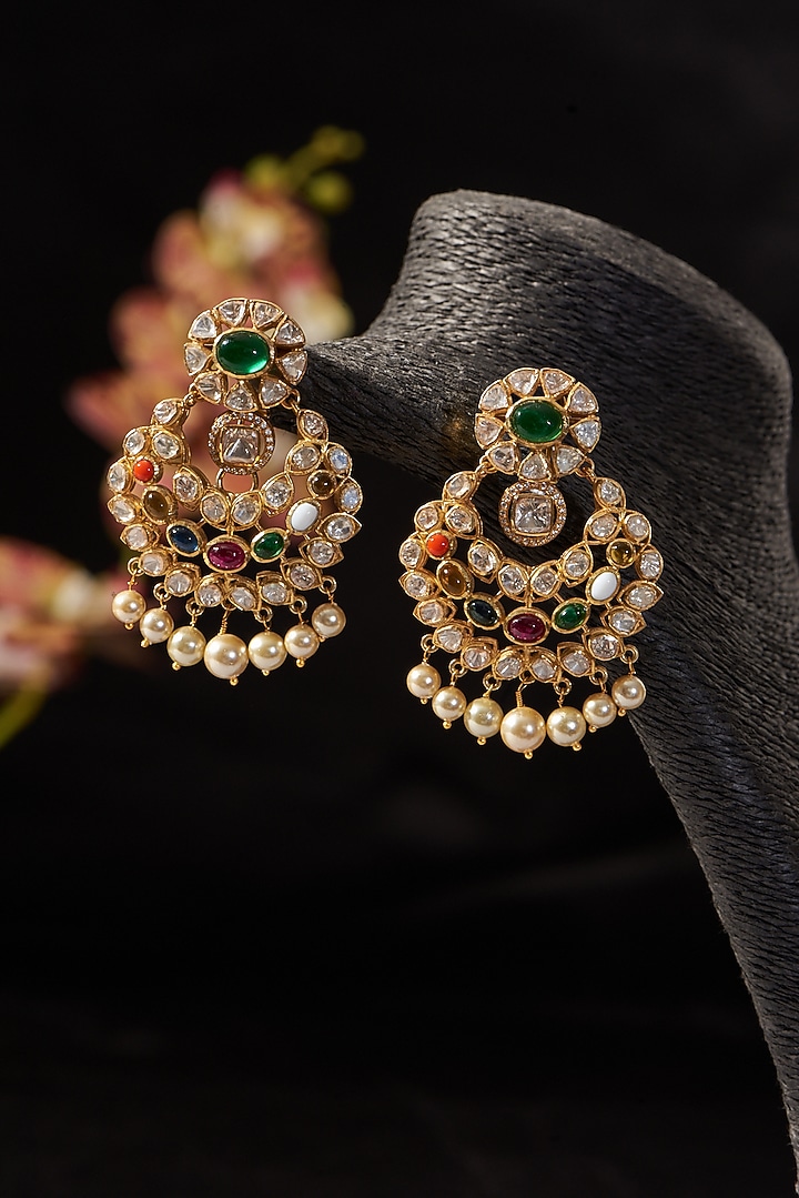 Gold Finish Moissanite Polki & Synthetic Navratna Stone Dangler Earrings In Sterling Silver by STELLA CREATIONS at Pernia's Pop Up Shop