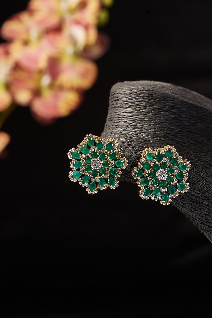 Gold Finish Synthetic Emerald Stone & CZ Stud Earrings In Sterling Silver by STELLA CREATIONS at Pernia's Pop Up Shop