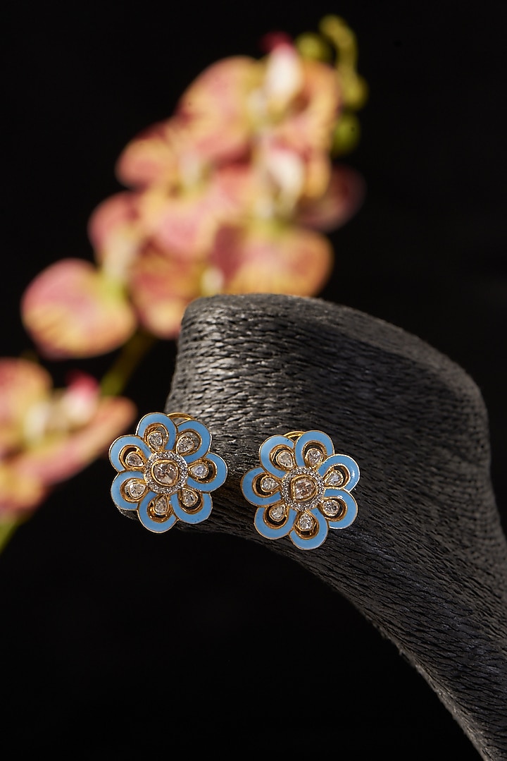 Gold Finish Moissanite Polki & CZ Enamelled Stud Earrings In Sterling Silver by STELLA CREATIONS at Pernia's Pop Up Shop