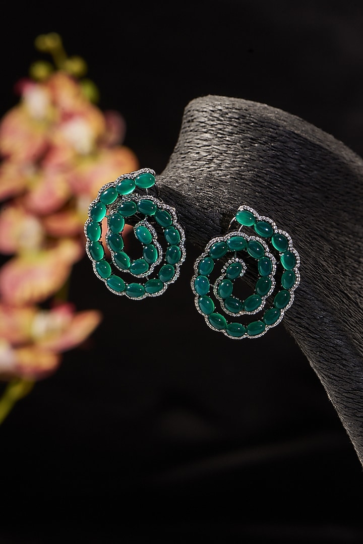 White Finish Synthetic Emerald Stone & CZ Stud Earrings In Sterling Silver by STELLA CREATIONS at Pernia's Pop Up Shop