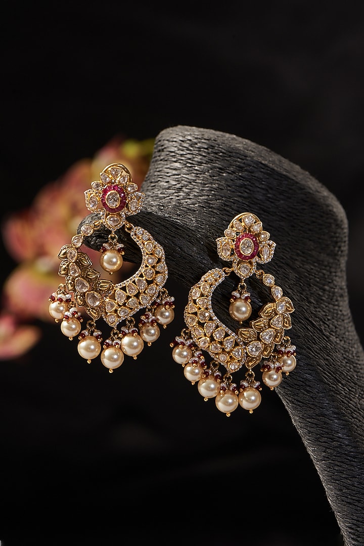 Gold Finish Synthetic Ruby Stone & Moissanite Polki Dangler Earrings In Sterling Silver by STELLA CREATIONS at Pernia's Pop Up Shop