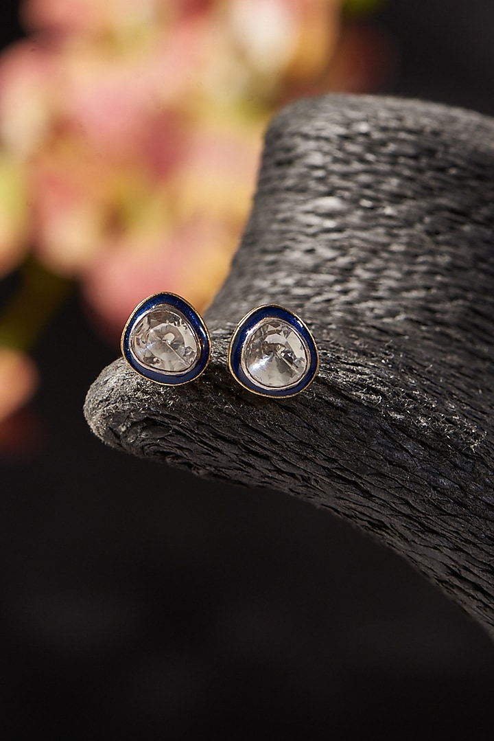 Gold Finish Moissanite Polki Enamelled Stud Earrings In Sterling Silver by STELLA CREATIONS at Pernia's Pop Up Shop
