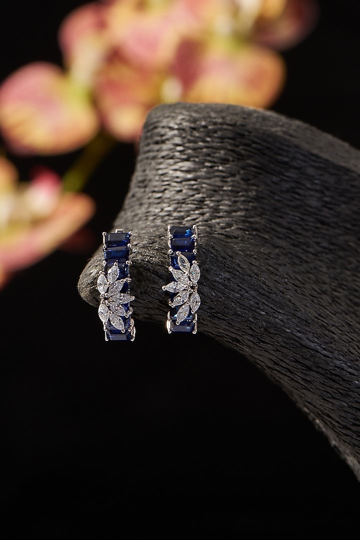White Finish Synthetic Sapphire Stone & CZ Stud Earrings In Sterling Silver by STELLA CREATIONS at Pernia's Pop Up Shop