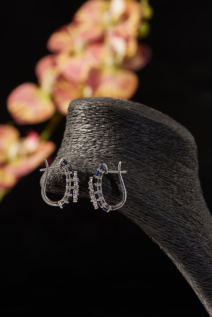 White Finish Synthetic Sapphire Stone & CZ Stud Earrings In Sterling Silver by STELLA CREATIONS at Pernia's Pop Up Shop
