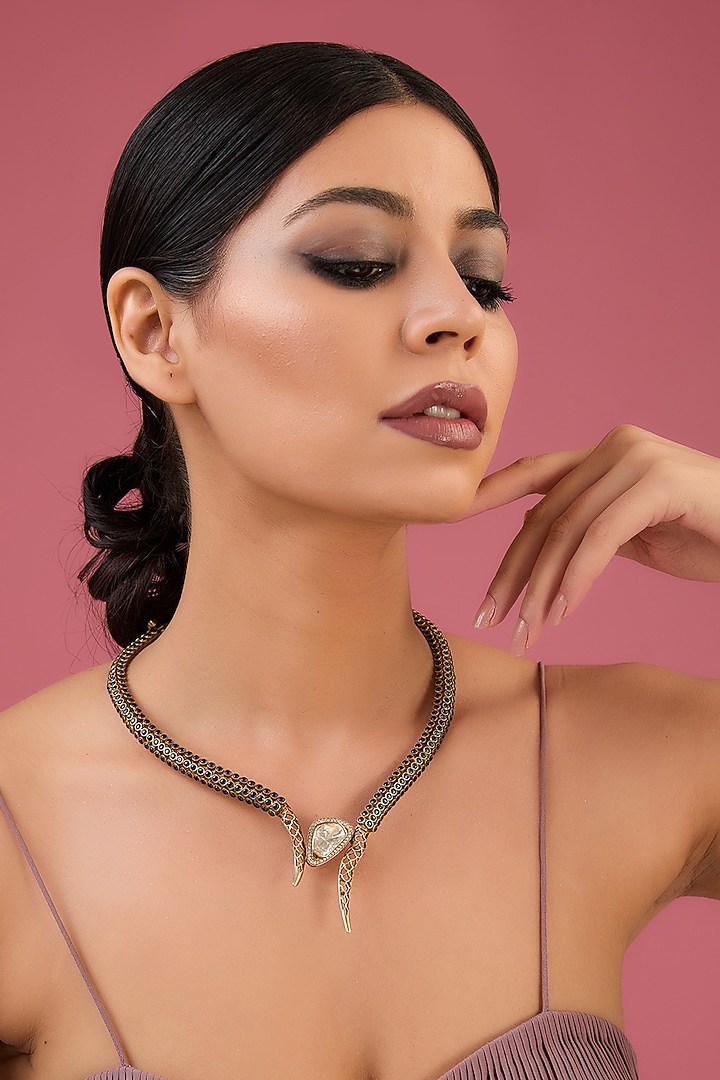 Antique Gold Finish Moissanite Polki & Blue Sapphire Necklace In Sterling Silver by STELLA CREATIONS at Pernia's Pop Up Shop