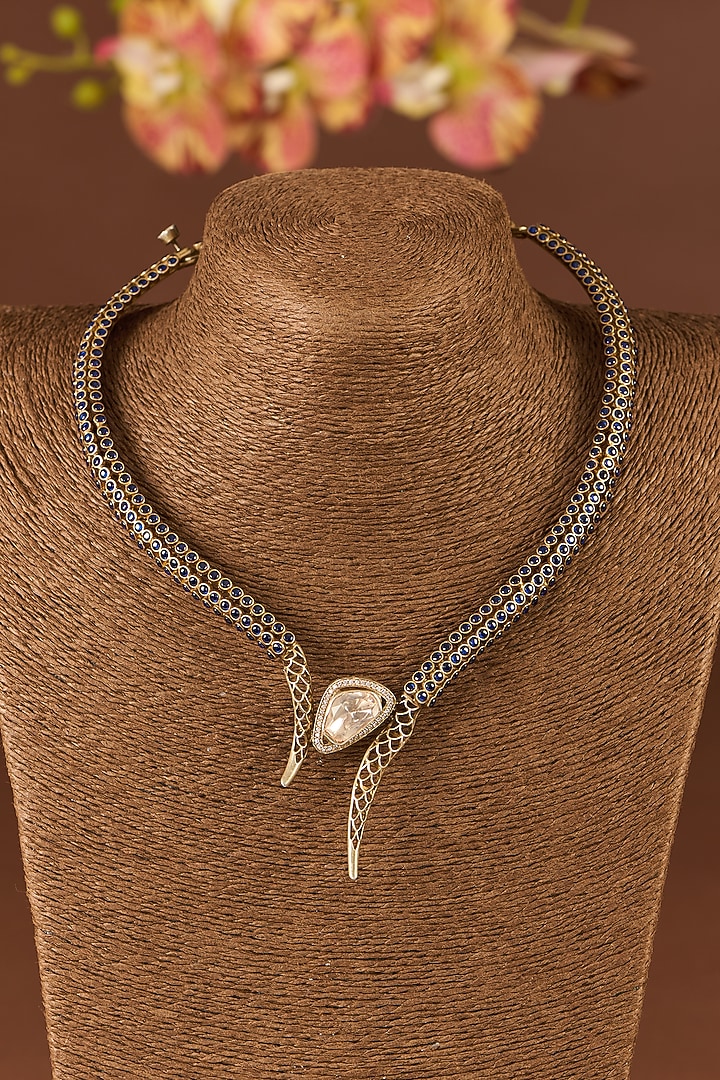 Antique Gold Finish Moissanite Polki & Blue Sapphire Necklace In Sterling Silver by STELLA CREATIONS at Pernia's Pop Up Shop