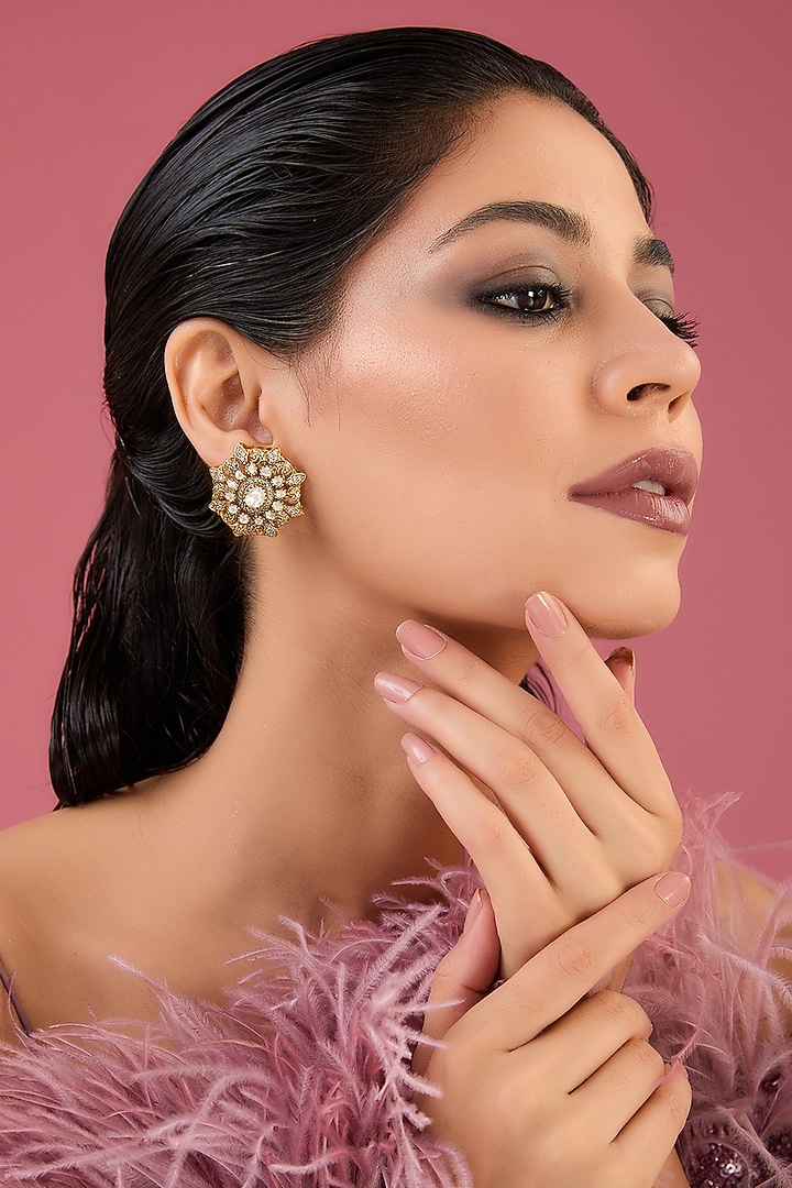 Antique Gold Finish Moissanite Polki & CZ Stud Earrings In Sterling Silver by STELLA CREATIONS at Pernia's Pop Up Shop
