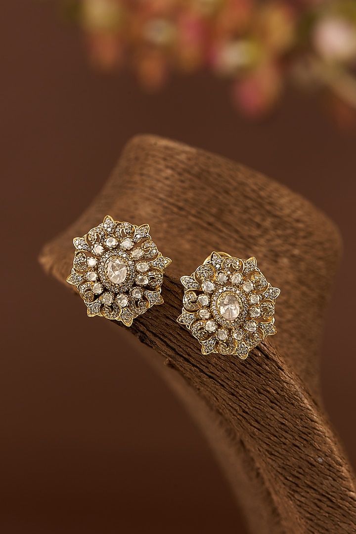 Antique Gold Finish Moissanite Polki & CZ Stud Earrings In Sterling Silver by STELLA CREATIONS at Pernia's Pop Up Shop