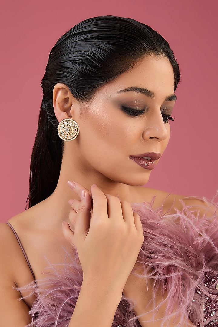 Gold Finish Moissanite Polki & Pearl Stud Earrings In Sterling Silver by STELLA CREATIONS at Pernia's Pop Up Shop