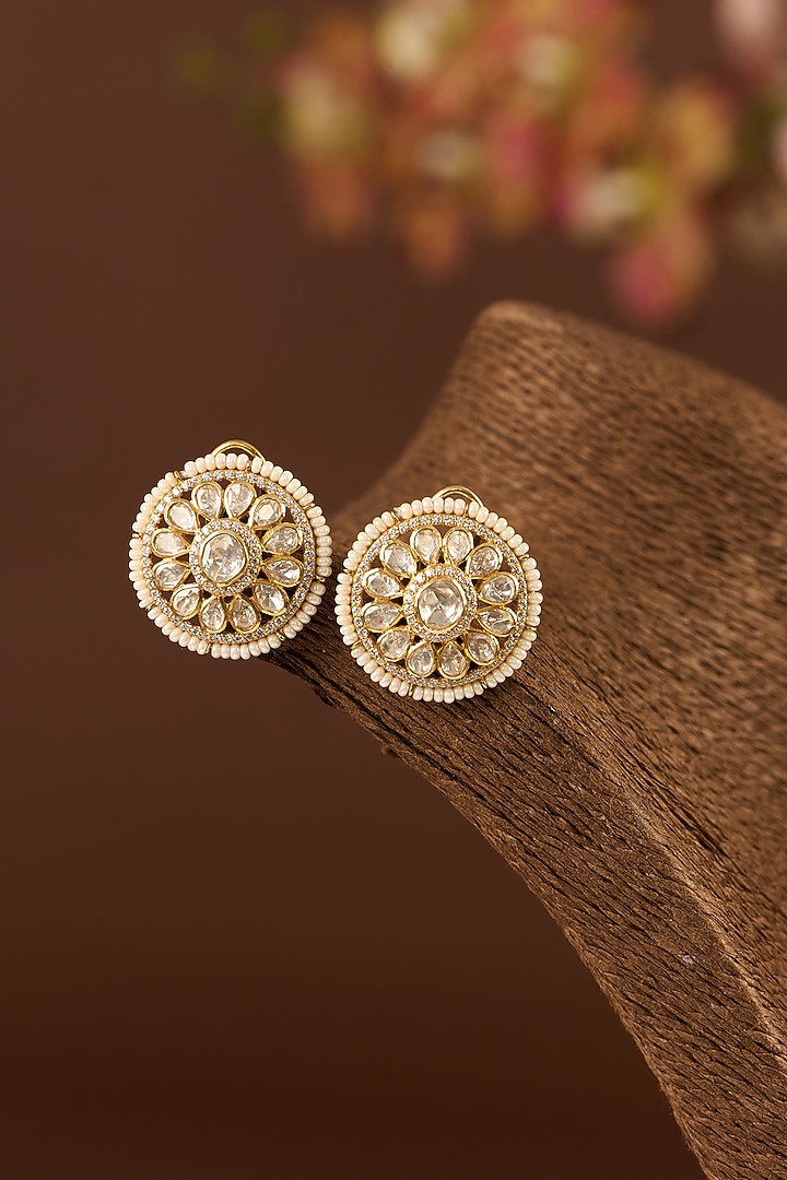 Gold Finish Moissanite Polki & Pearl Stud Earrings In Sterling Silver by STELLA CREATIONS at Pernia's Pop Up Shop