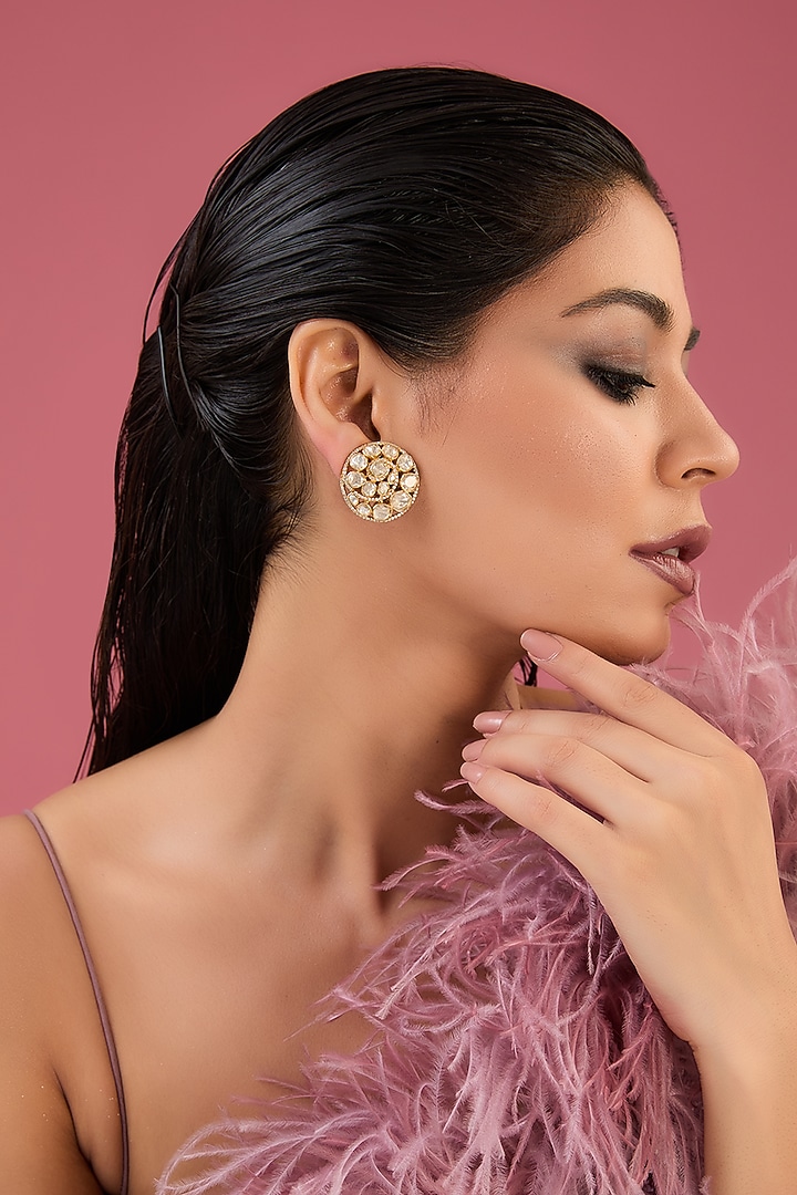 Gold Finish Moissanite Polki Stud Earrings In Sterling Silver by STELLA CREATIONS at Pernia's Pop Up Shop