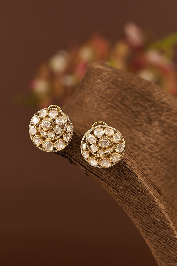 Gold Finish Moissanite Polki Stud Earrings In Sterling Silver by STELLA CREATIONS at Pernia's Pop Up Shop