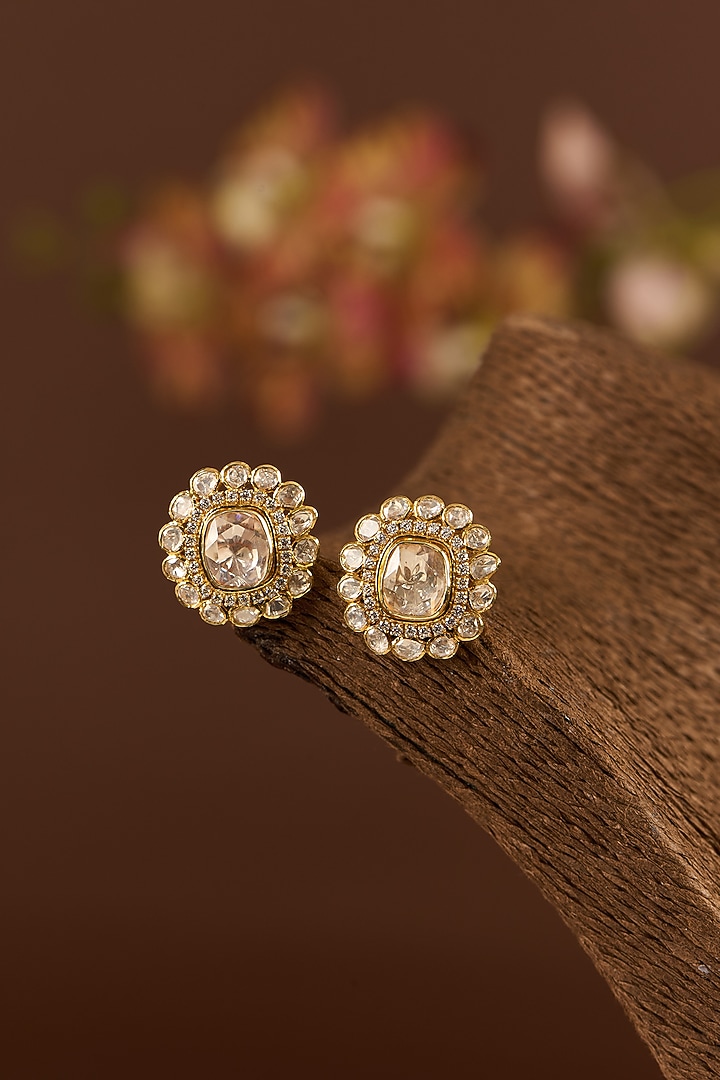 Gold Finish Moissanite Polki Stud Earrings In Sterling Silver by STELLA CREATIONS at Pernia's Pop Up Shop