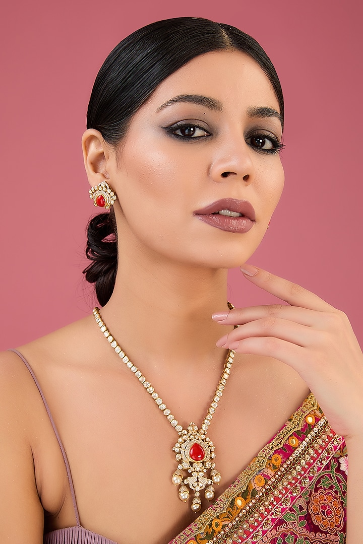 Gold Finish Moissanite Polki & Ruby Necklace Set In Sterling Silver by STELLA CREATIONS at Pernia's Pop Up Shop