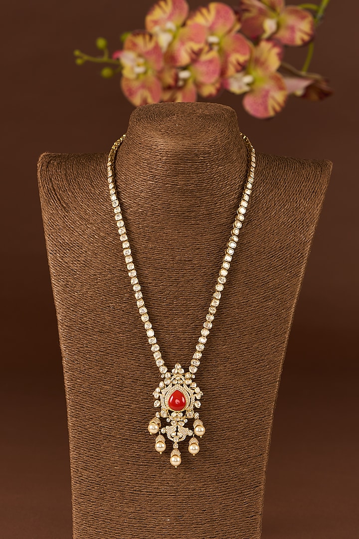 Gold Finish Moissanite Polki & Ruby Necklace Set In Sterling Silver by STELLA CREATIONS at Pernia's Pop Up Shop