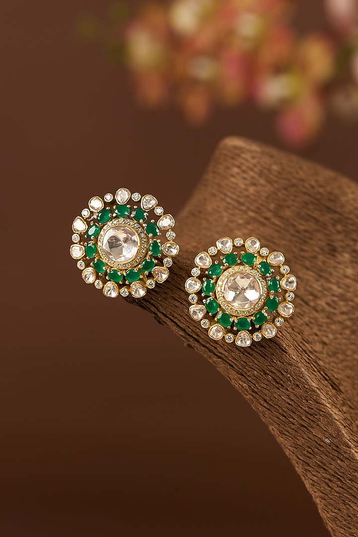 Gold Finish Moissanite Polki & Emerald Stud Earrings In Sterling Silver by STELLA CREATIONS at Pernia's Pop Up Shop