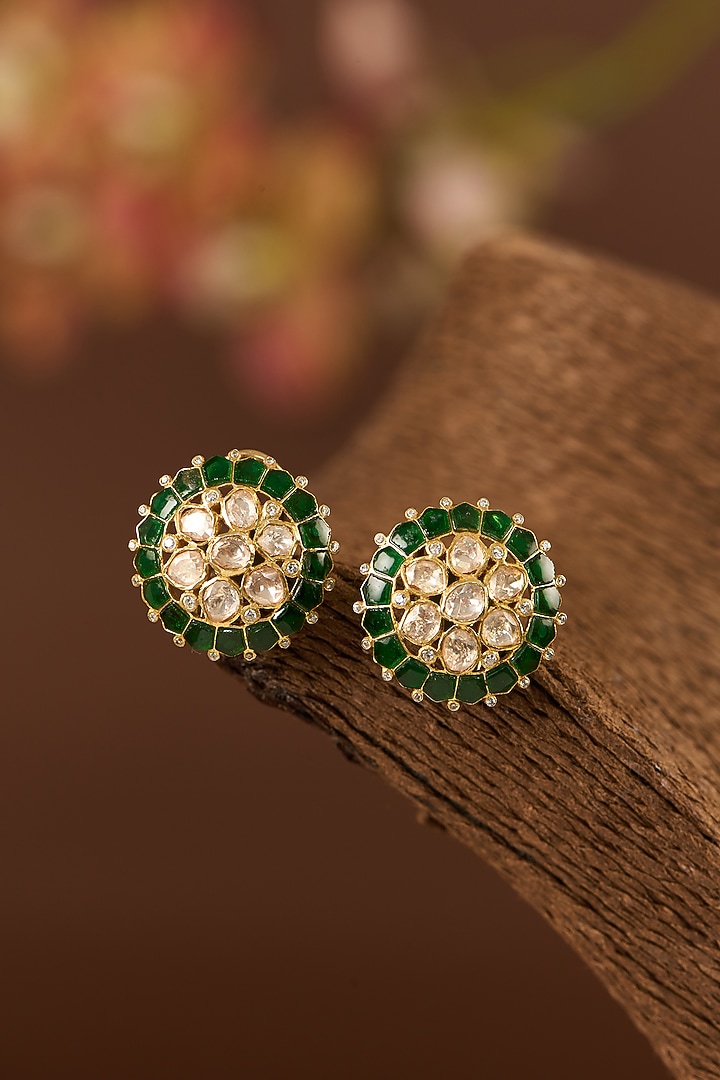 Gold Finish Moissanite Polki & Emerald Stud Earrings In Sterling Silver by STELLA CREATIONS at Pernia's Pop Up Shop