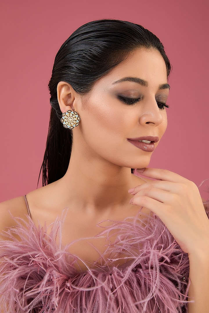 Gold Finish Moissanite Polki Enameled Stud Earrings In Sterling Silver by STELLA CREATIONS at Pernia's Pop Up Shop
