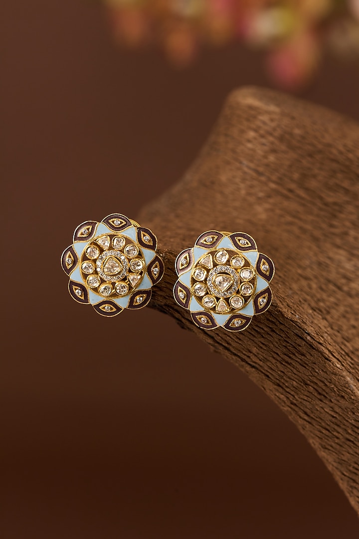 Gold Finish Moissanite Polki Enameled Stud Earrings In Sterling Silver by STELLA CREATIONS at Pernia's Pop Up Shop