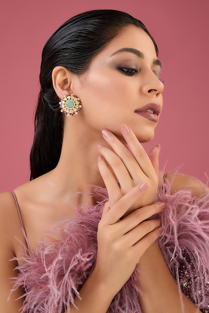 Gold Finish Moissanite Polki & Emerald Stud Earrings In Sterling Silver by STELLA CREATIONS at Pernia's Pop Up Shop
