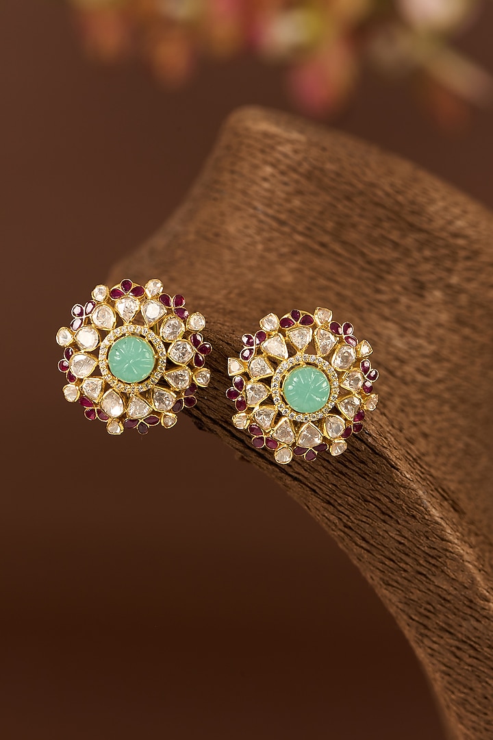 Gold Finish Moissanite Polki & Emerald Stud Earrings In Sterling Silver by STELLA CREATIONS at Pernia's Pop Up Shop