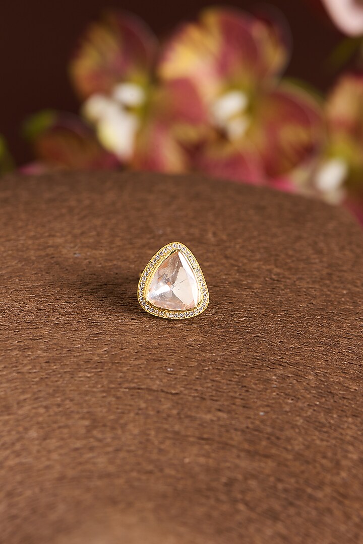 Gold Finish Moissanite Polki & CZ Ring In Sterling Silver by STELLA CREATIONS at Pernia's Pop Up Shop
