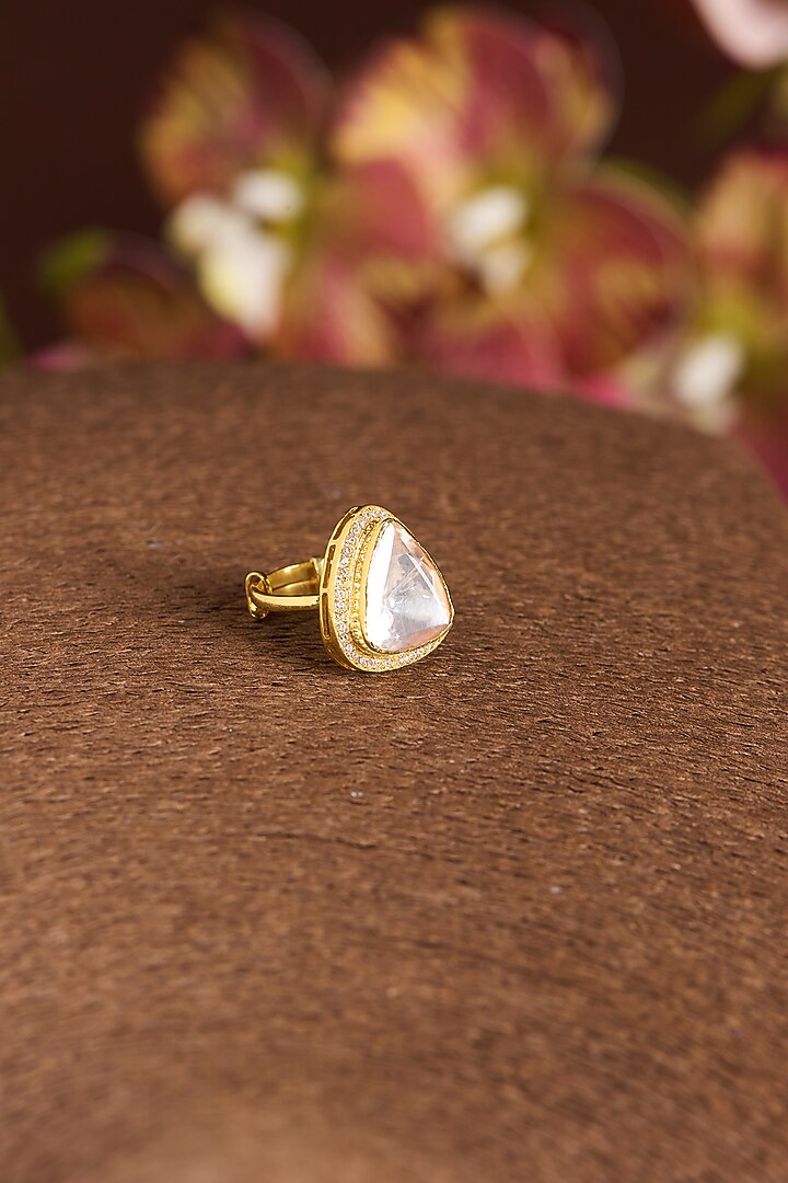 Gold Finish Moissanite Polki & CZ Ring In Sterling Silver by STELLA CREATIONS at Pernia's Pop Up Shop
