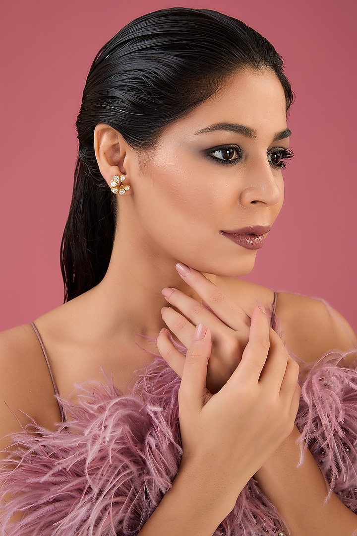 Gold Finish Moissanite Polki Stud Earrings In Sterling Silver by STELLA CREATIONS at Pernia's Pop Up Shop