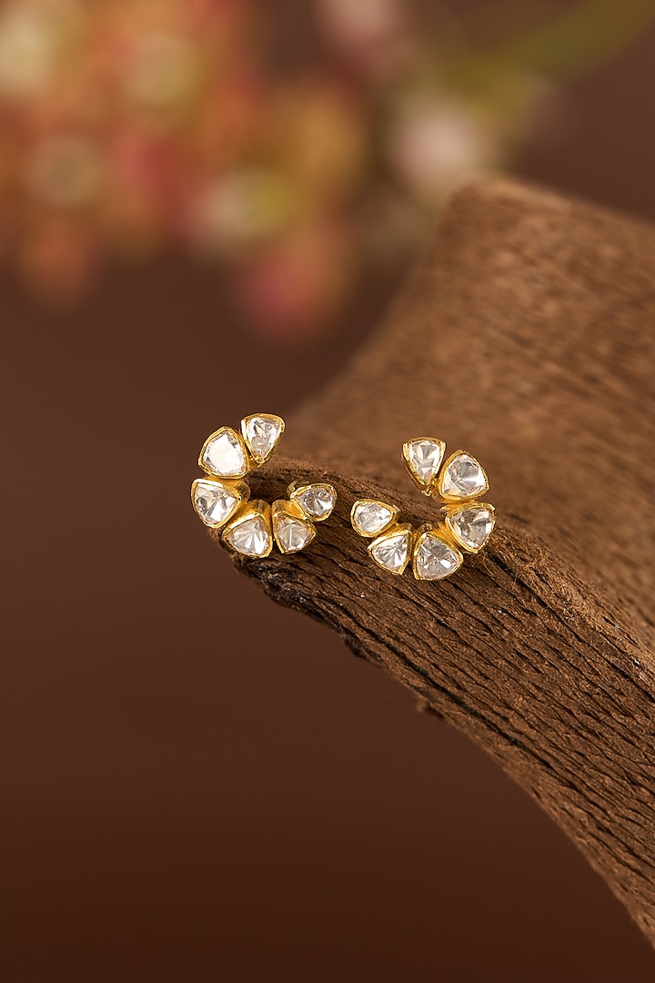 Gold Finish Moissanite Polki Stud Earrings In Sterling Silver by STELLA CREATIONS at Pernia's Pop Up Shop